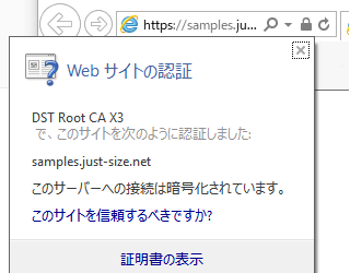 Internet Explorerで正しくSSL通信ができている表示例