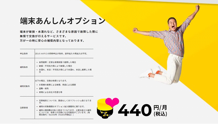 ゼウスWiFiの端末補償オプション