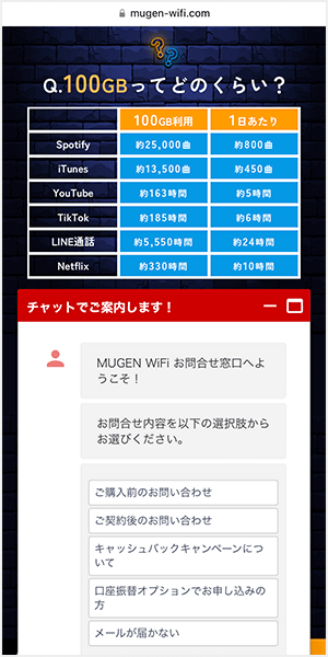 Mugen WiFiの自動ボットによるチャットサポート