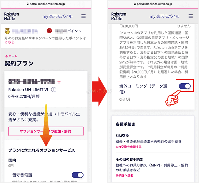 海外ローミングをオンにする