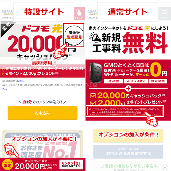 オプションなしで2万円のキャッシュバックが翌月末にもらえるのは当サイト経由の申し込みだけ