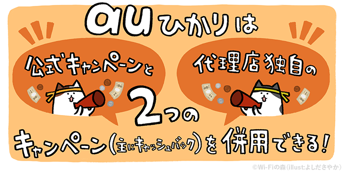 auひかりは公式キャンペーンと代理店独自のキャンペーン(主にキャッシュバック)の2つが併用できる