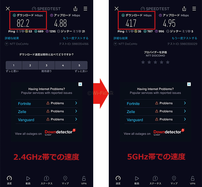 home5Gの2.4GHz帯と5GHz帯の速度比較した画像
