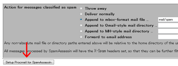 「Setup Procmail for SpamAssassin」をクリック